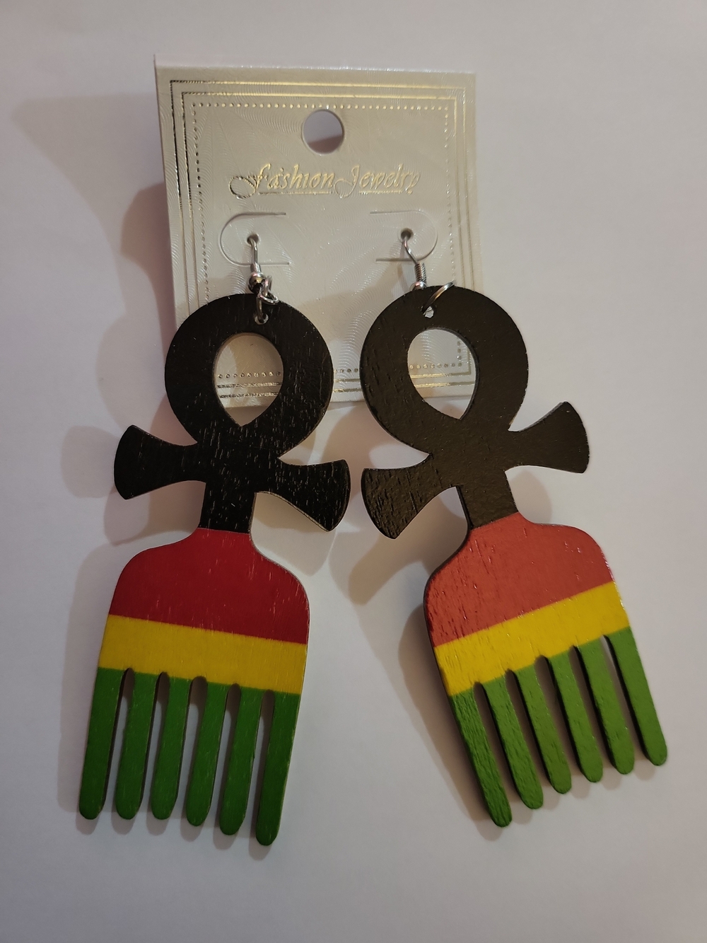 Fashion Jewelry Black Wooden Ankh Afro Pick Earrings with Red, Yellow & Green